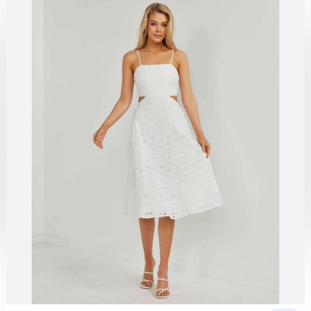 Express White Lace Tie Back Midi Dress with Side Cutout Midi Dress
